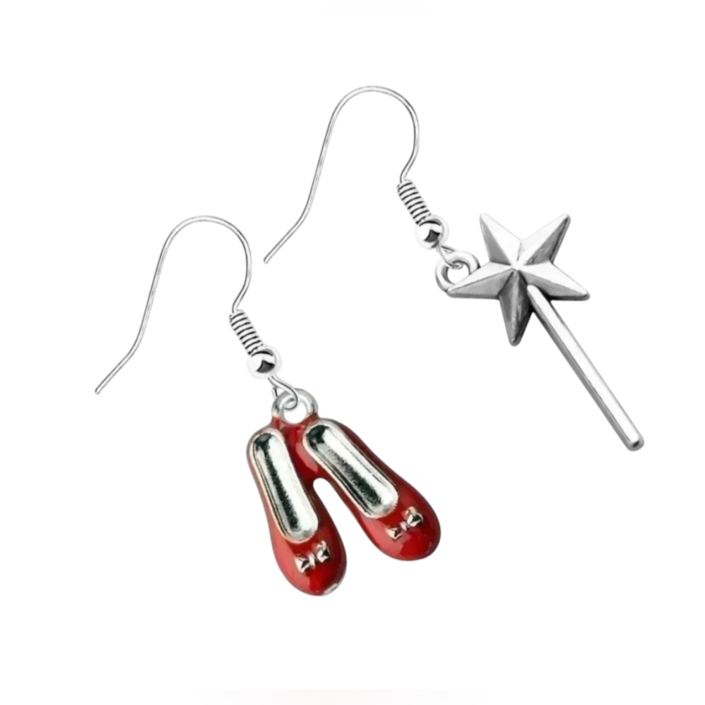 NEW Wizard of Oz Ruby Red Slippers and Glinda's Wand Dangle Earrings